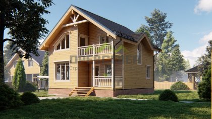 Полутораэтажный дом из бруса с террасой и балконом 8х8 (ДБ-170)